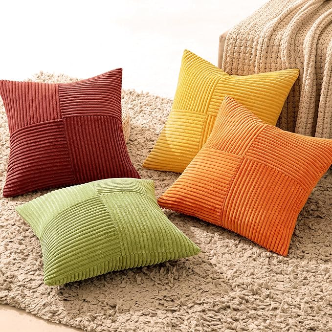 MIULEE Fall Burnt Orange Decorative Throw Pillow Covers 18x18 Inch Set of 4 Boho Color-Clash Cushion Covers Modern Farmhouse Pillow Cases Corduroy Striped Decor for Couch Sofa Bed(Terracotta,Rust)