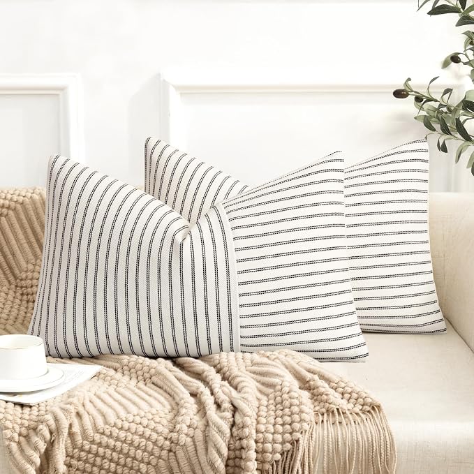 YCOLL Farmhouse Pillow Covers 12x20, Modern Accent Lumbar Throw Pillow Covers Set of 2, Black and Beige Striped Patchwork Linen Decorative Pillows Cushion Covers for Couch Chair Bedroom Home Decor