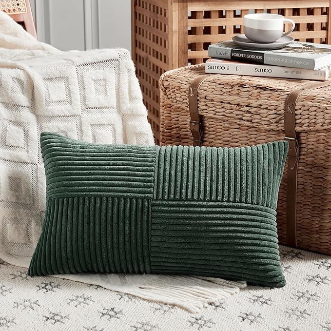 Fancy Homi Dark Green Lumbar Decorative Throw Pillow Covers 22x14 Inch for Living Room Couch Bed, Boho Farmhouse Forest Green Home Decor, Soft Corduroy Corss Patchwork Cushion Case
