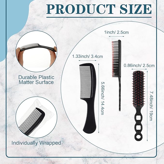 SiliFine 96 Pcs Bulk Hair Brush Combs for Homeless Individually Wrapped Hair Brush and Comb Set for Women Hotel Nursing Charity Travel(Black)