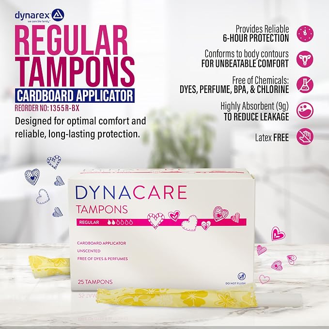 Dynarex Regular Tampons – Bulk Feminine Hygiene Product with Cardboard Applicator – 6-Hour Protection – 9 Boxes, 225 Total Tampons