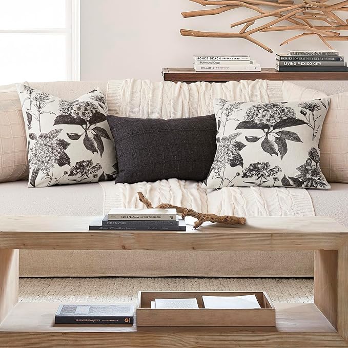 Foindtower Set of 2 Linen Floral Vintage Throw Pillow Covers Neutral Accent Print Decorative Cushion Covers Farmhouse Boho Home Decor for Sofa Chair Couch Bedroom Living Room,20×20 Inch,Black