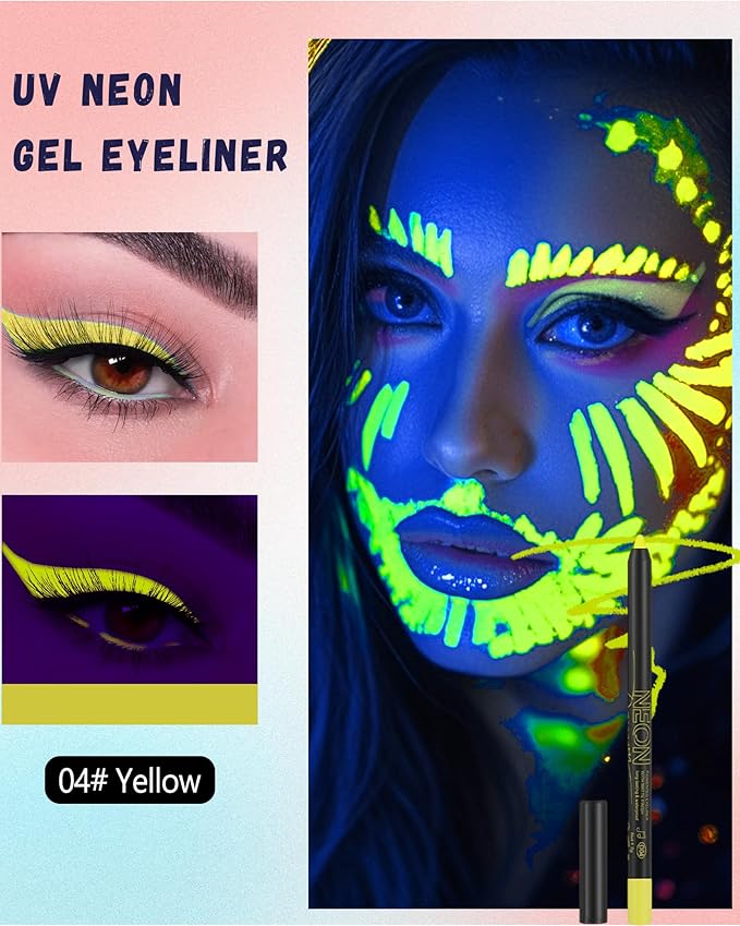 UV Neon Colored Gel Eyeliner Pencil, Matte Rainbow Colorful Eyeliner Pencils Glow in the Dark Makeup, Waterproof Long Lasting Eye Liner Pen with Sharpener for Halloween Face Body Painting-B04 Yellow