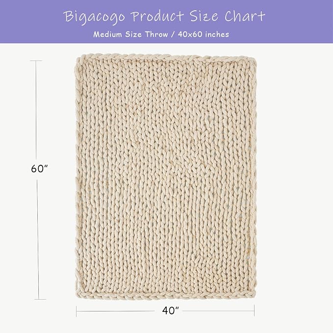 Bigacogo Chunky Knit Throw Blanket for Couch, 40x60 inches, Beige | Hand Knit with Jumbo Chenille, Soft Breathable Cable Knit for Sofa Bed Living Room, Machine Washable, Gift for Mom Friend