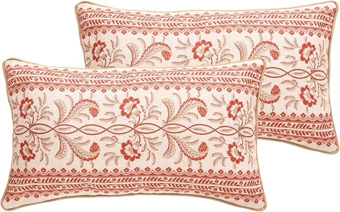 Designer Linen Throw Pillow Cover,Set of 2,20"x12"-Chamonix A | Vintage Elegant Rectangle Pillow Cover,Concealed Zipper Design,Floral Pattern,Sofas,Bedroom,Living Room,Lounge Chairs