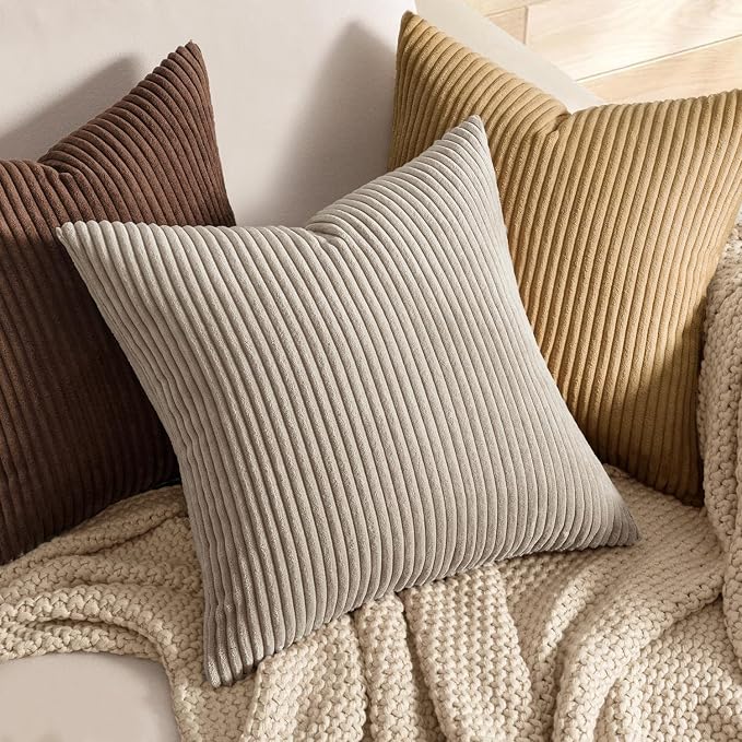 MIULEE Decorative Corduroy Throw Pillow Covers Set of 2 18x18 Light Brown | Soft Striped Textured Cushion Cases, Boho Rustic Square Pillowcases for Home Decor, for Couch Chair Sofa Bed Living Room
