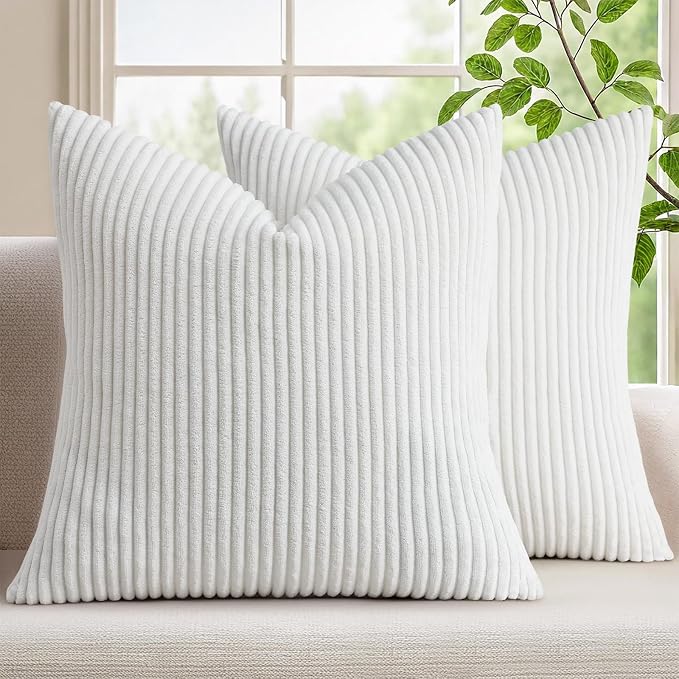 Mecatny Corduroy Decorative Throw Pillow Covers 20x20 Set of 2 White | Soft Striped Texture, Hidden Zipper Design, Neutral Boho Square Pillow Cases for Sofa Couch Living Room Bedroom, Home Décor