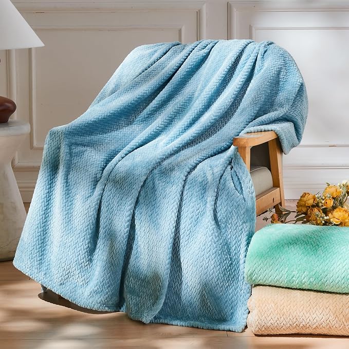 NEWCOSPLAY Fleece Leaves Pattern Twin Blanket, Light Blue, 60"x80" | Super Soft Throw Blanket, Lightweight Cozy Bed Sofa Blanket, Premium Silky Flannel Fleece, Travel Blanket for All Season Use