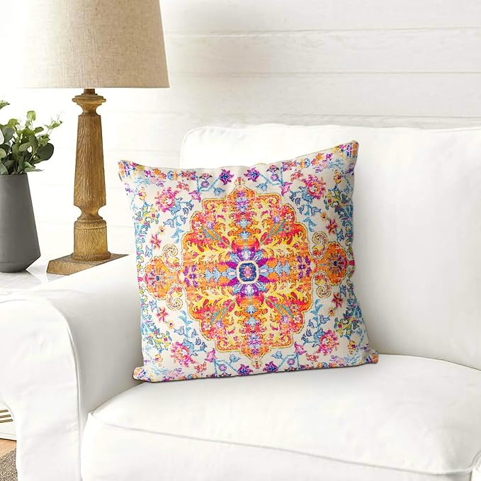 Snycler Orange Blue Ethnic Boho Pillow Covers 18x18 in Boho Carpet Cream Coral Floral Decorative Couch Pillow Cases with Zipper Set of 2 Home Decor for Living Room Bedroom Bed Cushion Outdoor