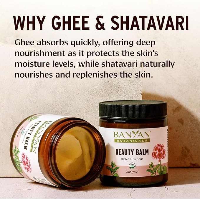 Banyan Botanicals Beauty Balm – Organic Face & Body Moisturizer with Shatavari & Ashwagandha – Rich Night Cream, Hand & Foot Balm for Dry Skin – Ghee & Coconut Oil Base – 4 oz – USDA Organic*