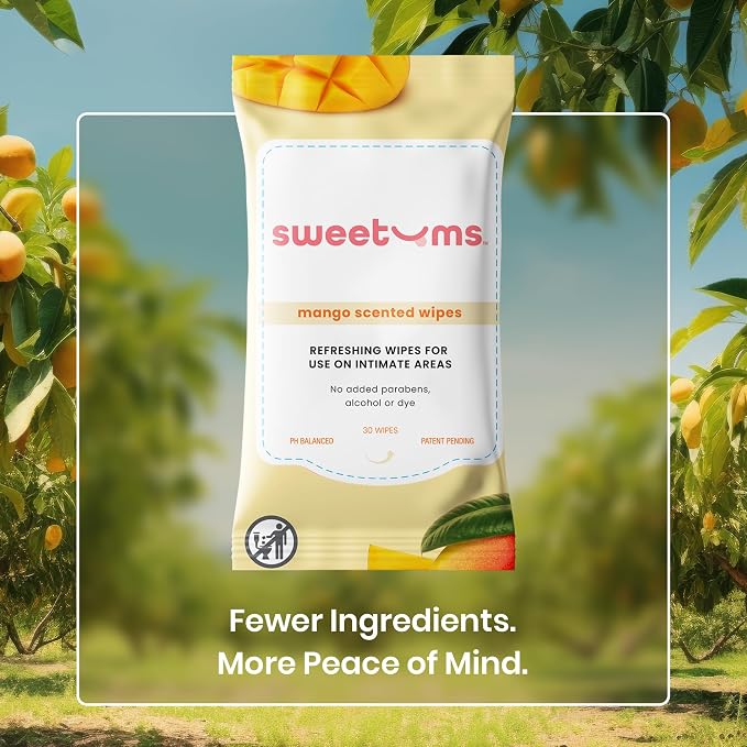 Sweetums Mango Scented Daily Feminine Wipes for Women – pH Balanced Unflavored Intimate Wipes – Water-Based, Aloe-Infused, Gentle on Sensitive Skin – Vegan, No Alcohol or Dyes, Travel-Friendly - 30ct
