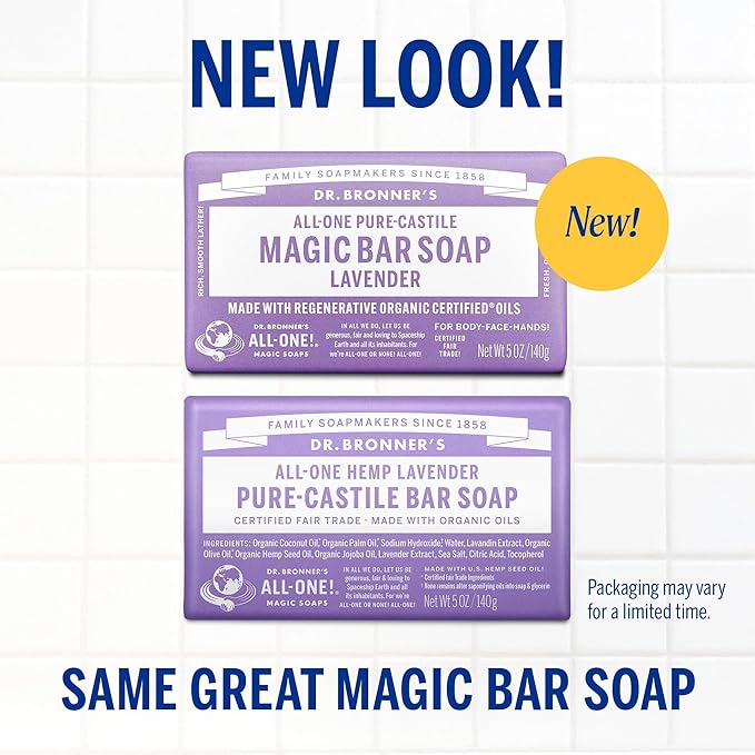 Dr. Bronner's Pure-Castile Magic Soap Bars (Lavender, 5 oz, 6-Pack)- Bath Soap with Regenerative Organic Certified Oils- For Face, Body & Hair - Gentle, Biodegradable, Vegan- Bar Soaps for Men & Women