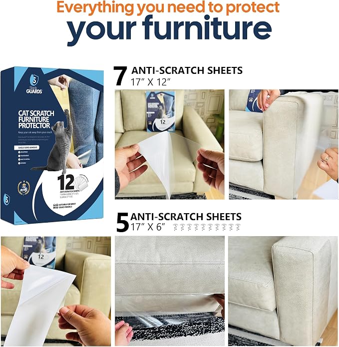 Furniture Protector from Cats, 12-Pack Anti-Scratching Sticky Tape, Scratch Deterrent, Cat Scratch Furniture Protector, Couch Protector from Cat Claws, Sofa Corners, Couch Corner Protector for Cats