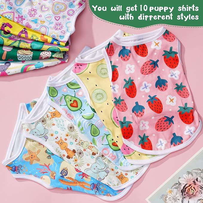 10 Pack Dog Shirts Cute Summer Cartoon Puppy Clothes, Soft Breathable Pet T-Shirts, Printed Sleeveless Washable for Small Medium Dogs Cats(Small)