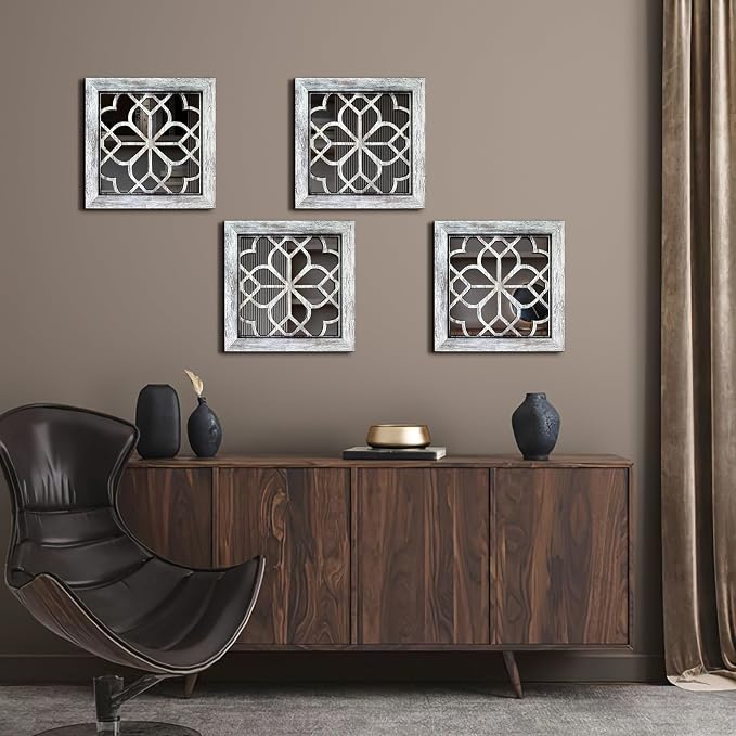 Set of 4 Boho Wall Mirrors with Carved Floral Design, 12x12 Inch Rustic Farmhouse Accent Mirrors, Vintage Style Shatterproof Square Mirror Decor for Living Room, Bedroom(Grey)