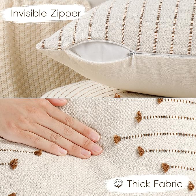 YCOLL Boho Outdoor Throw Pillow Covers 20x20 Set of 2 Neutral Woven Decorative Pillowcases Cotton Tufted Couch Pillows Modern Farmhouse Cushion Covers for Sofa Couch Bed Living Room Home Decor, Brown