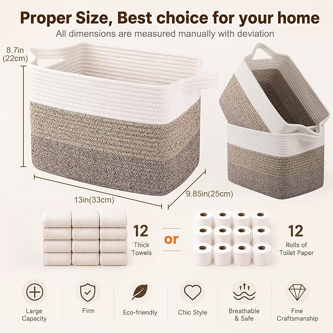 OIAHOMY Storage Basket, Woven Baskets for Storage, Cotton Rope Basket for toys,Towel Baskets for Bathroom - Pack of 3, Gradient Dark Brown