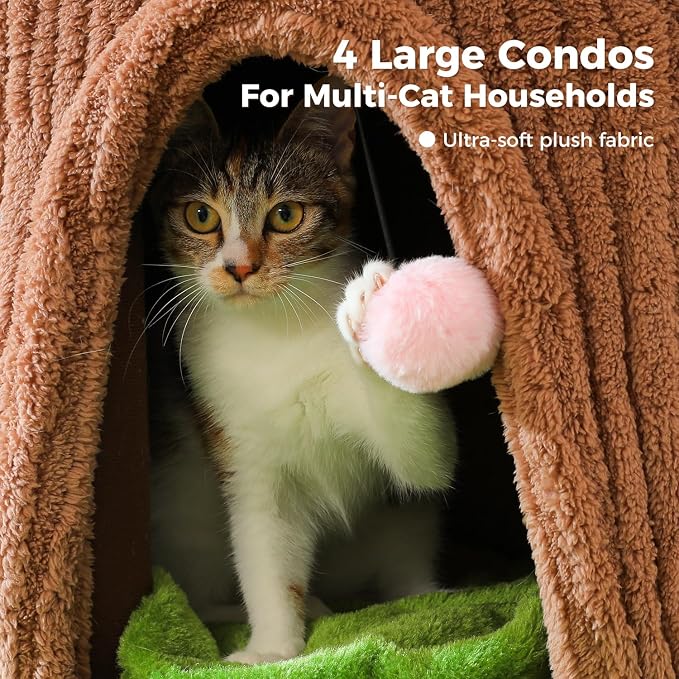 MUTTROS 68.5" Forest Cat Tree Tower with 4 Condos & Flower Top Bed, Brown | Tree-look design, 3.8in thick sisal post, 4 spacious condos, Flower top bed, Heavy duty build, Multi-cat homes