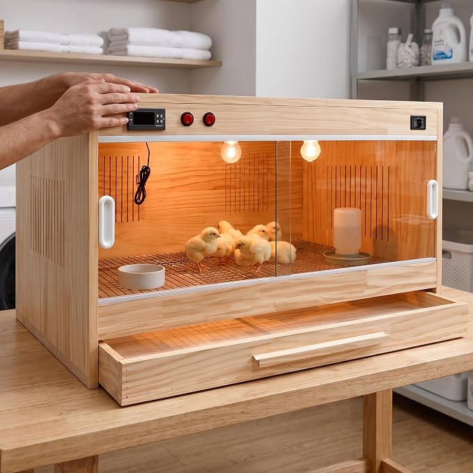 Wooden Box for Chicks, Pet Breeding Box with Sliding Door, Smart Thermostatic, 60x40x40 CM