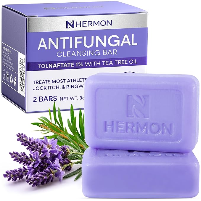 Hermon Antifungal Bar Soap: Antifungal Soap for Ringworm, Jock Itch & Athlete's Foot with Tea Tree Oil - Tolnaftate 1% Medicated Anti Fungal Treatment Bar for Skin Fungus - 2 Bars