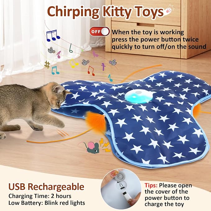 Sofolor Interactive Cat Toy Rechargeable, Cat Exercise Toys for Indoor Bored Adult Cats, Hide and Seek Toy with Motion Activated, Moving Feather, Chirping
