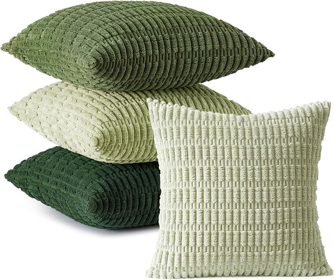 MIULEE Pack of 4 Corduroy Throw Pillow Covers 18x18 Inch Forest Green | Neutral Rustic Farmhouse Boho Soft Striped Pillow Covers,Home Decor for Sofa,Living Room,Couch,Bed