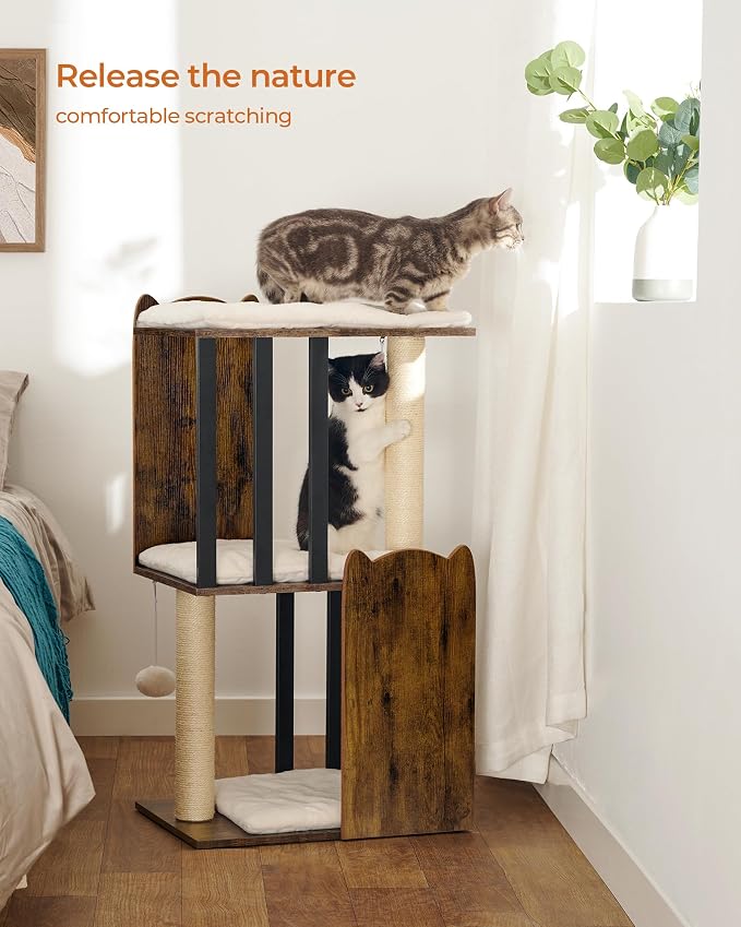 35.4in 3-Tier Modern Cat Tree Tower Condo, Cat Scratch Posts for Indoor Cats, Big Plate, Two Full Sisal Scratching Posts, Rustic Brown