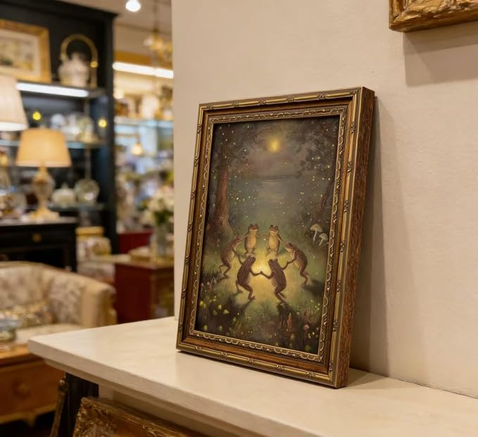 Vintage Gold Framed Frog Wall Art,Frogs Dancing in Moonlight Forest Painting Canvas Prints,Whimsical Animal Wall Decor,Retro Country Toad Poster Artwork,for Corridor Living room Bedroom Kitchen