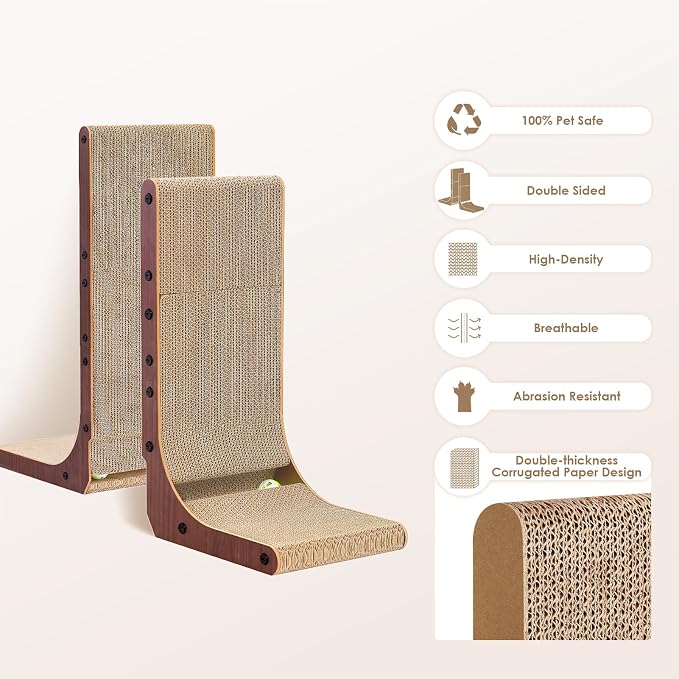 EHEYCIGA Cardboard Cat Scratcher for Indoor Cats, 32 Inch, Dark Brown | L Shaped Scratching Post, Vertical Cat Scratching Board with Ball Cat Toy, Furniture Protector, Extra Large Cat Scratch Pad