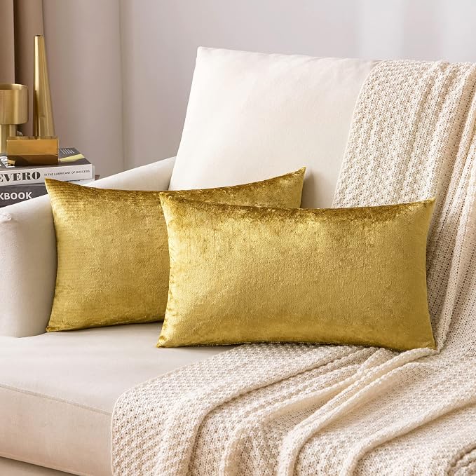 MIULEE 12x20 Inch Lumbar Velvet Throw Pillow Covers Golden | Pack of 2 Soft Solid Decorative Pillow Covers, Modern Luxury Home Decor, for Chair Couch Sofa Bedroom Livingroom