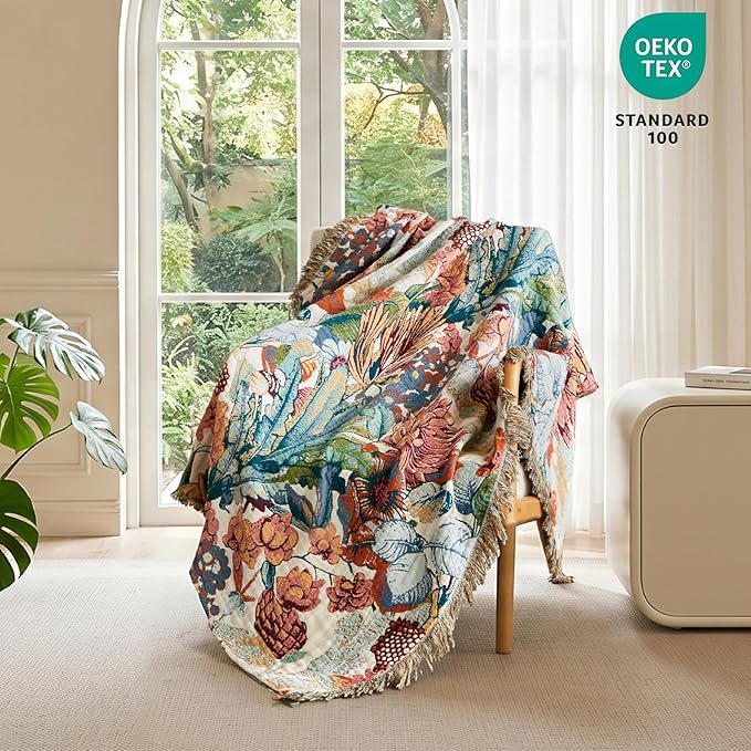 MSGKV Boho Throw Blanket 50"x60" 100% Cotton Floral Muslin Sofa Blanket | Cotton Throw, Muslin Blanket, Summer Breathable, Lightweight Comfort, Farmhouse Home Decor, Chair Throw, Machine Washable