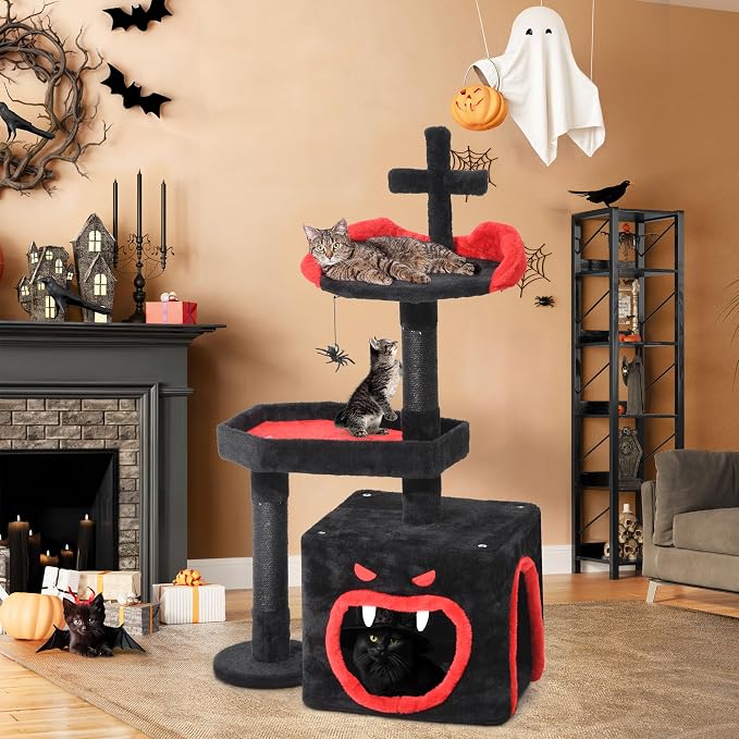 YITAHOME Gothic Cat Tree, 38.6 Inches Gothic Tower Condo with Scratching Post, Cat Tower for Indoor Cats, Sisal Pole, Soft Platform,Spider Hanging Ball, Black and Red