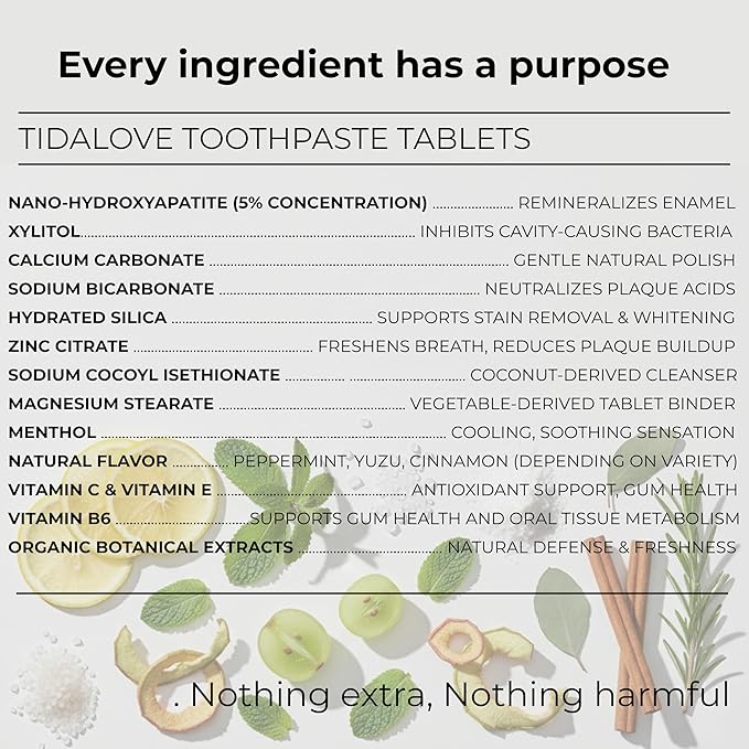 Tidalove Cool Mint Fluoride-Free Toothpaste Tablets with Nano Hydroxyapatite | Natural Whitening, Enamel Strengthening, Plastic-Free & Travel-Friendly (4 Month Refill)