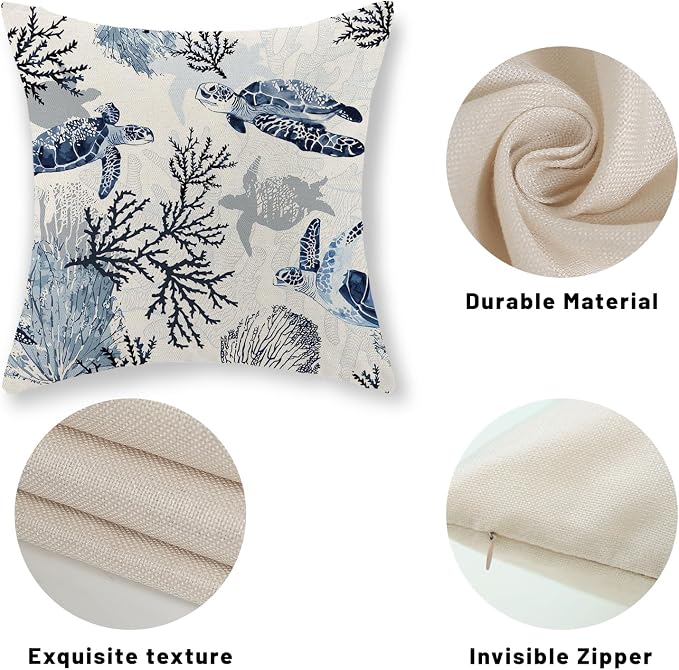 Nautical Coastal Pillow Covers 18x18 Set of 2 Beach Themed Ocean Coral Sea Turtle Decorative Throw Pillows Blue Outdoor Decor Pillow Cases Linen Farmhouse Cushion Case for Sofa Home Holiday
