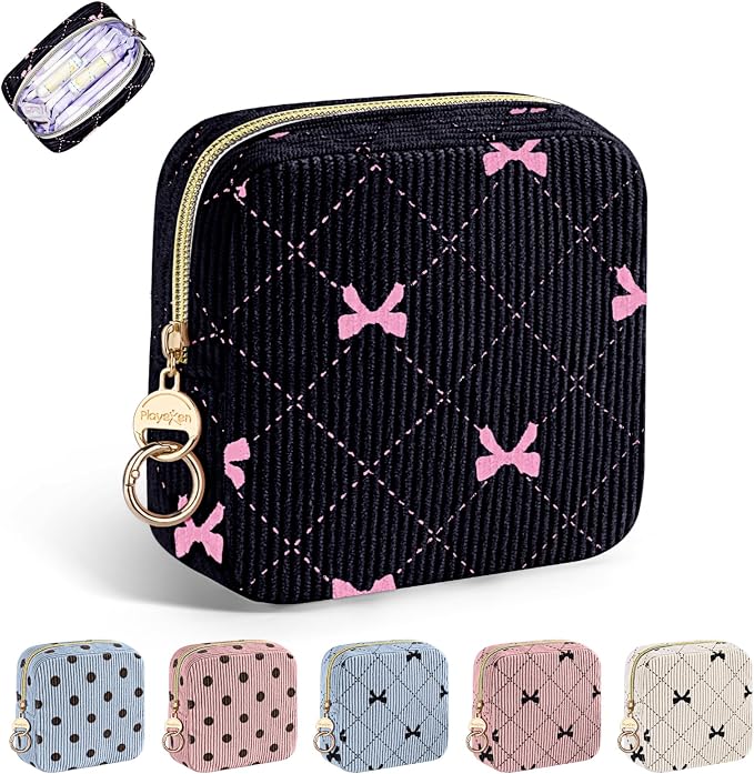 Period Bag for Teen Girls, Corduroy Sanitary Napkin Storage Bag, Cute Menstrual Pad Bag Tampon Holder for Purse (Black-Bow Tie)