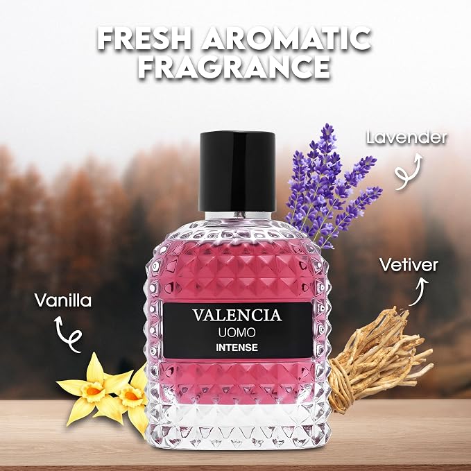 A CENTER Valencia UOMO Intense for Men Eau De Parfum - Amber Fougere Fragrance Top Notes of Vanilla Bourbon Mid Tone of Lavandin Create Spicy & Woody Aroma - Base Scent of Smoked Vetiver