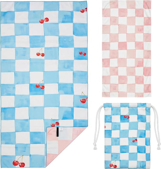 Microfiber Beach Towel Oversized w/Travel Bag, 71 * 36'' Double Print Quick Dry XL Beach Towels for Cruise Pool Yoga Gym Gift, Cute Lightweight Absorbent Sandproof Beach Essentials, Cherry