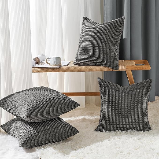 Topfinel 4 Packs Dark Grey Decorative Throw Pillow Covers 16x16 Inch for Living Room Couch Bed, Rustic Modern Farmhouse Home Decor, Soft Corduroy Bulge Cute Accent Square Cushion Case 40x40 cm