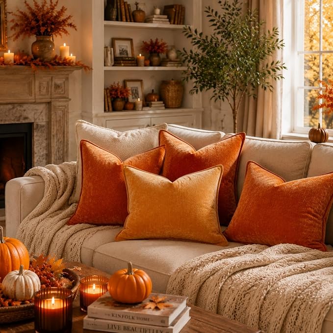 decorUhome Chenille Rust Velvet Throw Pillow Covers 18x18 Set of 2 | Fall Soft Couch Decorative Modern Farmhouse Pillow Cases with Elegant Design for Sofa Bed Living Room Home Decor