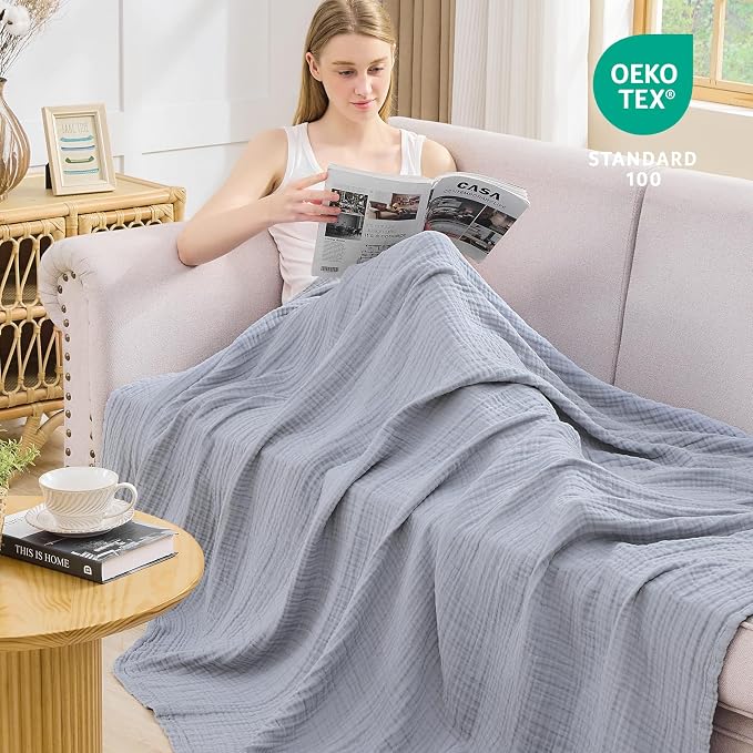 EMME Muslin Blankets for Adults Throw Blanket for Couch Breathable Gauze Soft Lightweight Airy Dusty Blue Throw 50" x 60"
