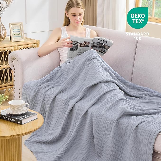 EMME Muslin Blankets for Adults Throw Blanket for Couch Breathable Gauze Soft Lightweight Airy Dusty Blue Twin XL 66" x 90"