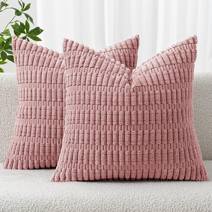 MIULEE Corduroy Decorative Throw Pillow Covers 16x16 Blush Pink Pack of 2 | Soft Boho Striped Pillow Covers Modern Farmhouse Home Decor For Sofa Living Room Couch Bed