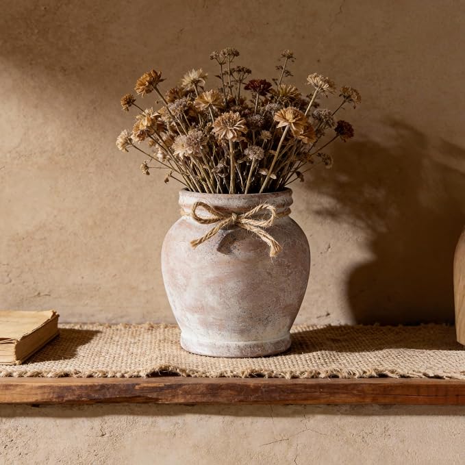 Lvases 6.5in Neutral Terracotta Ceramic Rustic Farmhouse Decor Flower Vase | small decorative vase for farmhouse home decor perfect neutral table centerpiece suitable living room floral arrangement