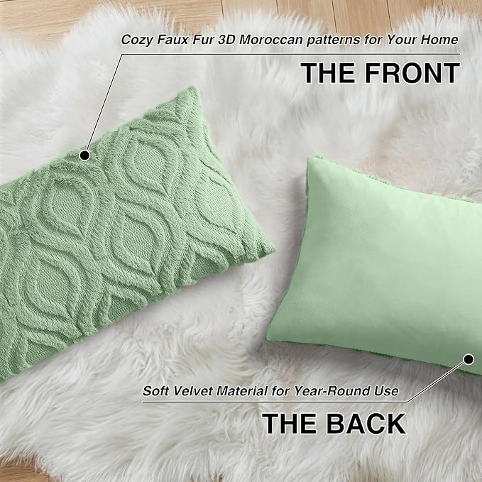 decorUhome Faux Fur Plush Sage Green Throw Pillow Covers 12x20 Set of 2 | Plush Solid Fall Couch Pillow Covers, Accent Modern Farmhouse Neutral Decorative Soft Pillow Cases for Sofa Bed Living Room