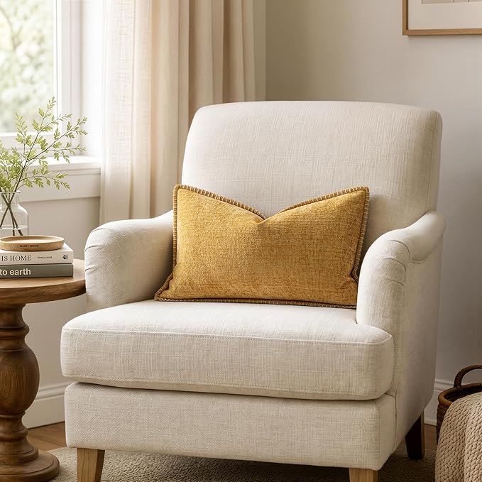 MIULEE Decorative Lumbar Throw Pillow Covers 12x20 Inch Gold 2 Pack | Mustard Yellow, Farmhouse Pillow Covers with Stitched Edge, Soft Chenille Cushion Cases,Couch Sofa Bed Living Room Home Decor