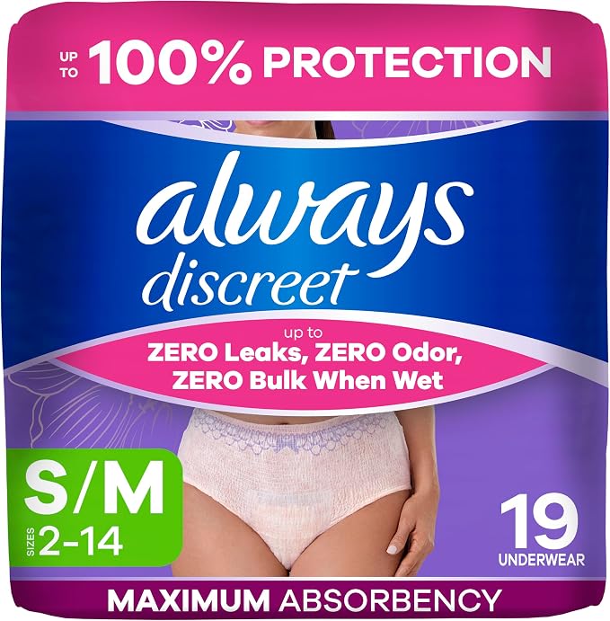 Always Discreet Adult Diapers for Women, Incontinence Underwear, Postpartum Essentials, Disposable Briefs, Max Absorbency, Bladder Leak Protection, Small/Medium, 19ct
