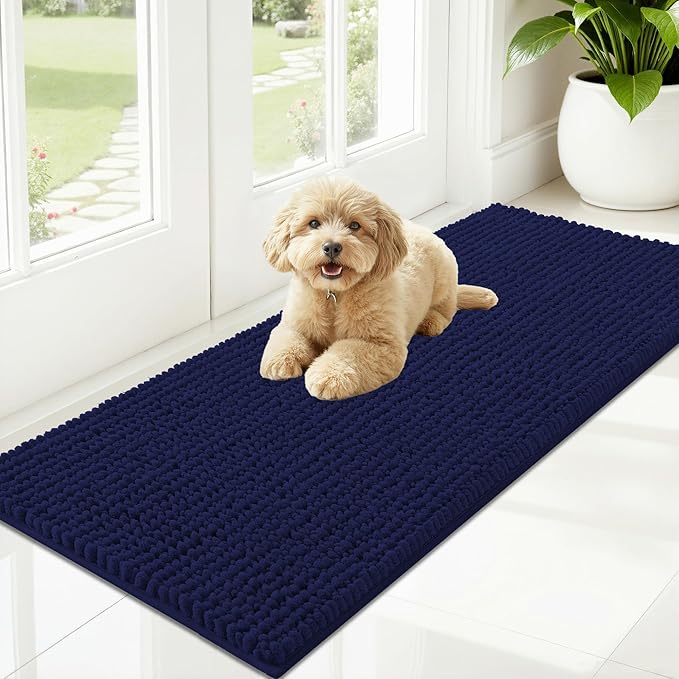 OLANLY Dog Door Mat for Muddy Paws 47x20, Extra Absorbent Chenille Mud Mat | Navy Blue, Absorbs Moisture and Dirt, Non-Slip Machine Washable Doormat, Quick-Drying Indoor Entryway Floor Mat for Dogs