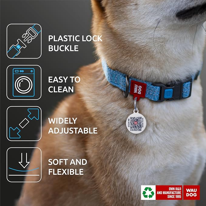 WAUDOG Reflective Cotton Dog Collar Eco-Friendly Alt to Nylon Collar for Small Medium and Large Dogs - Pet Collar with QR ID Tag - Puppy Collar for Large Breed Dogs - Adjustable Male Female Dog Collar