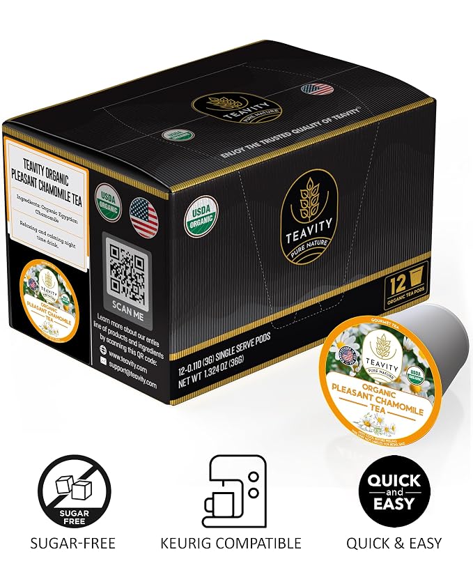 Organic Chamomile Tea Pods for Keurig - Decaf Tea Pods - Pleasant Chamomile by Teavity (12 Count (Pack of 1))