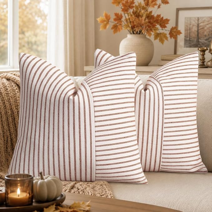YCOLL Farmhouse Fall Pillow Covers 26x26, Modern Accent Square Throw Pillow Covers Set of 2, Rust and Beige Striped Patchwork Linen Decorative Cushion Covers for Couch Chair Bedroom Fall Decorations
